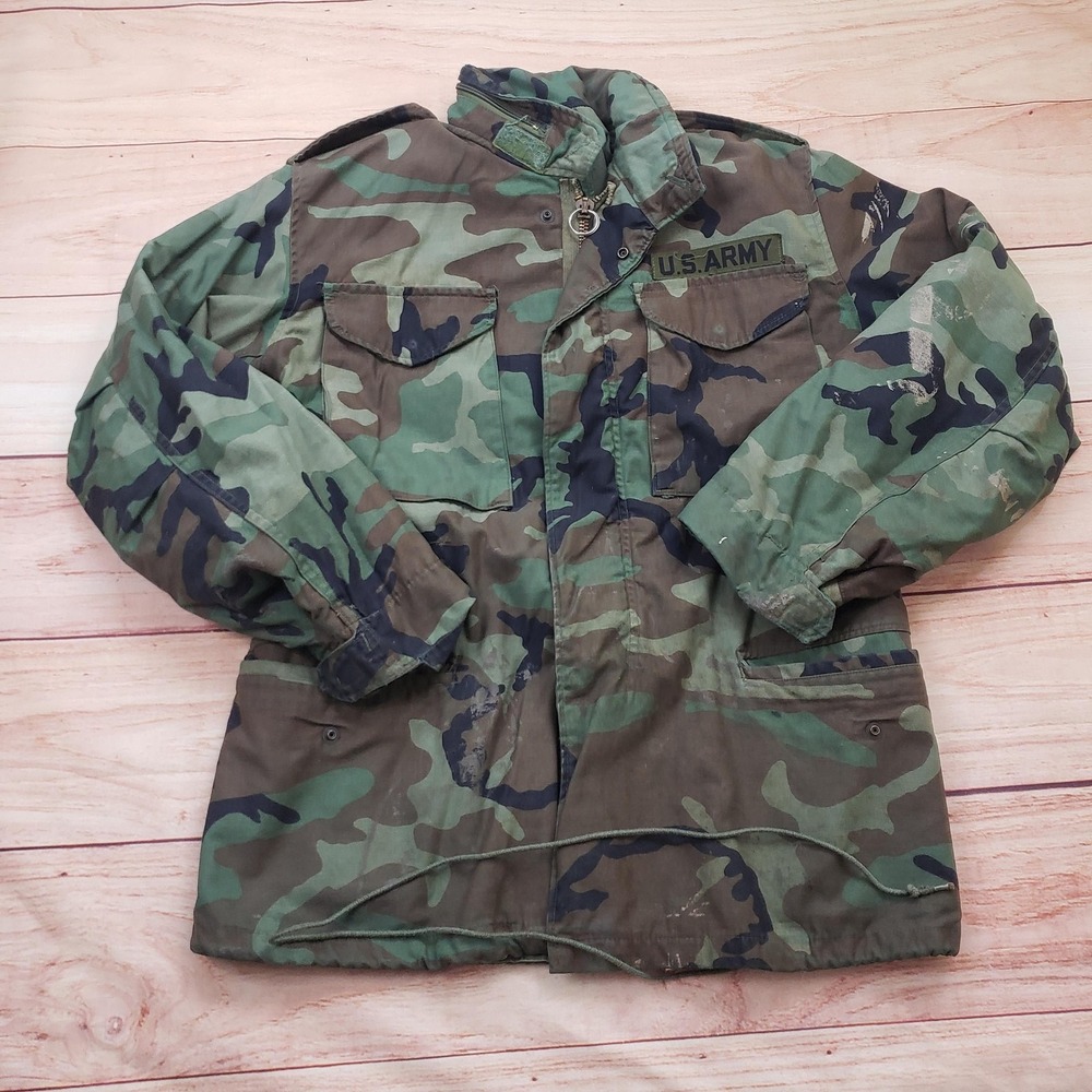 Vintage US Army Jacket Mens Small Regular‎ Woodland Camo M65 Field Coat 80s
